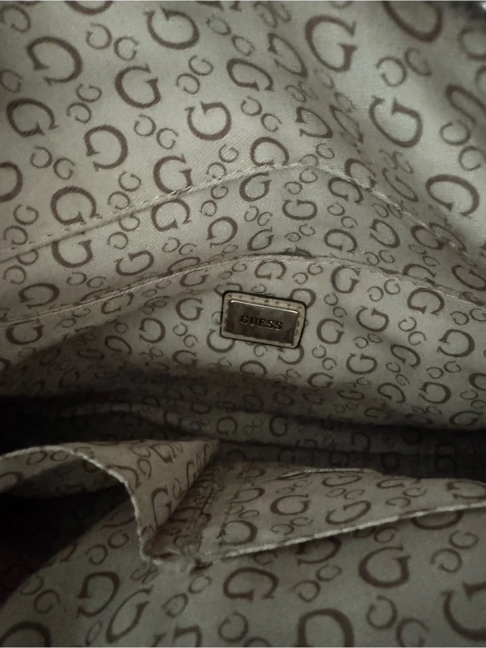 GUESS Beige Floral Satchel with Red and Blue Accents